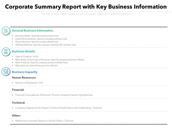 Corporate Summary Report With Key Business Information Ppt PowerPoint Presentation File Graphics Download PDF