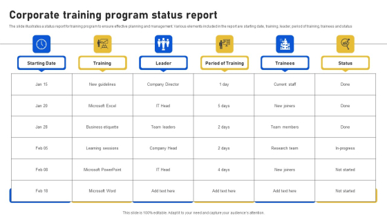 Corporate Training Program Status Report Icons PDF