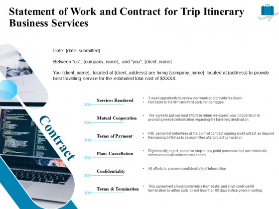 Corporate Travel Itinerary Statement Of Work And Contract For Trip Itinerary Business Services Guidelines PDF