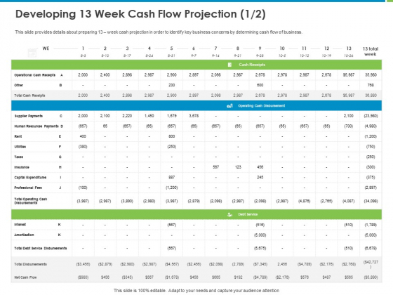 Corporate Turnaround Strategies Developing 13 Week Cash Flow Projection Icons PDF Slide 1