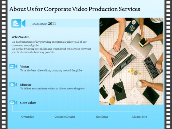 Corporate Video About Us For Corporate Video Production Services Icons PDF