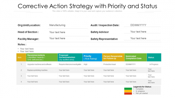 Corrective Action Strategy With Priority And Status Ppt Infographic Template Shapes PDF Corrective Action Strategy With Priority And Status Ppt Infographic Template Shapes PDF