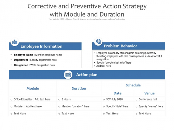 Corrective And Preventive Action Strategy With Module And Duration Ppt PowerPoint Presentation Outline Background Designs PDF Corrective And Preventive Action Strategy With Module And Duration Ppt PowerPoint Presentation Outline Background Designs PDF