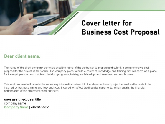 Cost Savings To A Company Cover Letter For Business Cost Proposal Brochure PDF