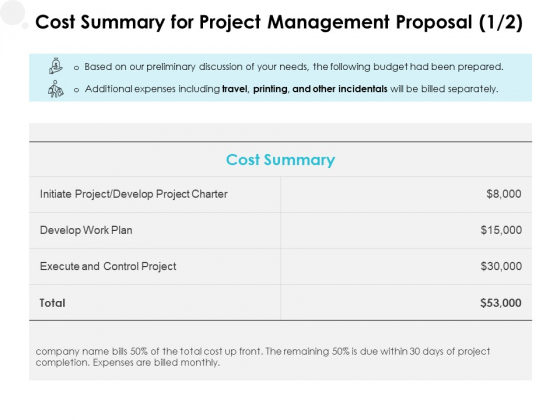 Cost Summary For Project Management Proposal Execute Ppt PowerPoint Presentation Ideas Structure