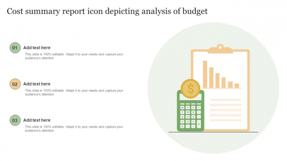 Cost Summary Report Icon Depicting Analysis Of Budget Microsoft PDF