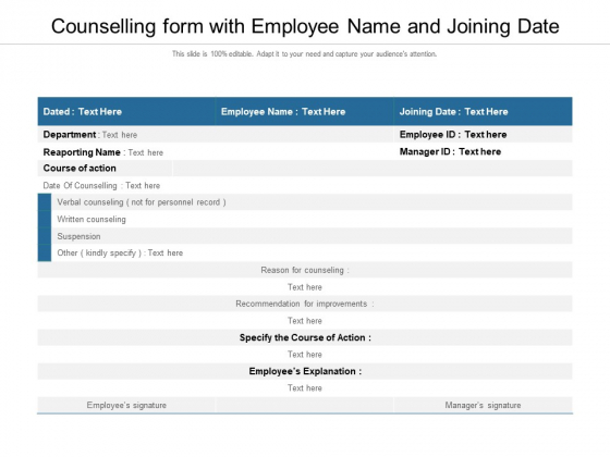 Counselling Form With Employee Name And Joining Date Ppt PowerPoint Presentation Outline Tips PDF