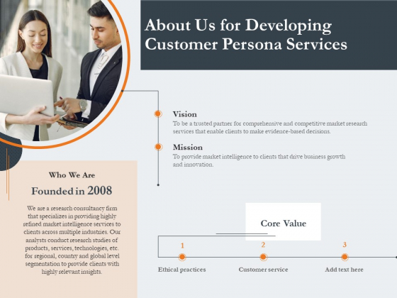 Creating Buyer Persona About Us For Developing Customer Persona Services Background PDF