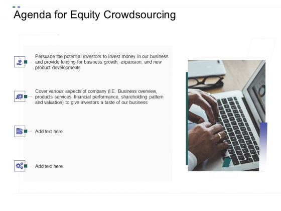 Crowd Sourced Equity Funding Pitch Deck Agenda For Equity Crowdsourcing Slides PDF Crowd Sourced Equity Funding Pitch Deck Agenda For Equity Crowdsourcing Slides PDF