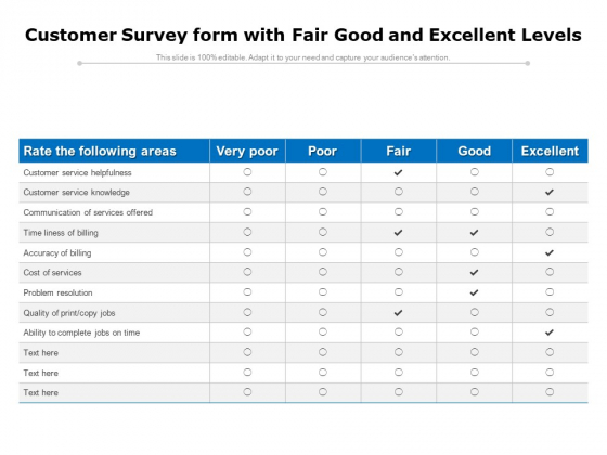 Customer Survey Form With Fair Good And Excellent Levels Ppt PowerPoint Presentation Infographic Template Format Ideas PDF Customer Survey Form With Fair Good And Excellent Levels Ppt PowerPoint Presentation Infographic Template Format Ideas PDF