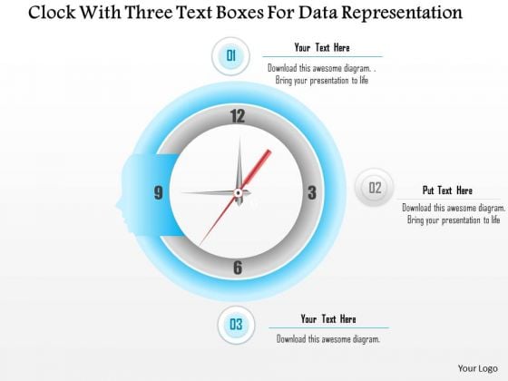 Clock With Three Text Boxes For Data Representation Presentation Template