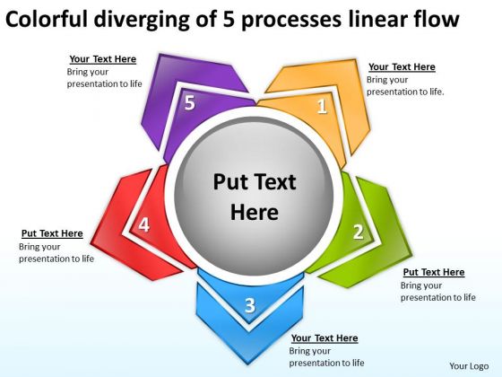 Colorful Diverging Of 5 Processes Linear Flow Charts And Networks PowerPoint Templates