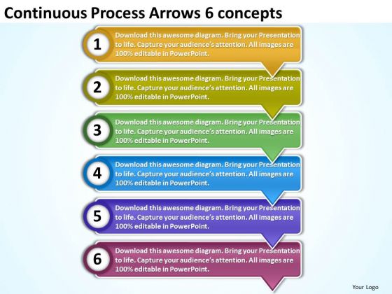 Continuous Process Arrows 6 Concepts Oil Flow Chart PowerPoint Slides