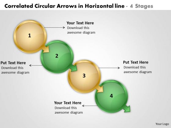 Correlated Circular Arrows In Horizontal Line 4 Stages Create Flow Charts PowerPoint Slides