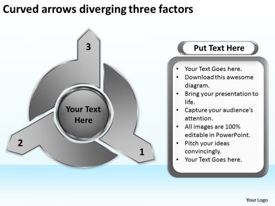 Curved Arrows Diverging Three Factors Target Diagram PowerPoint Slides