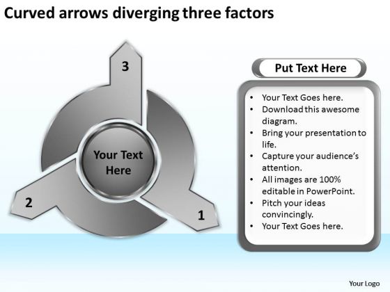 Curved Arrows Diverging Three Factors Target Diagram PowerPoint Slides Curved Arrows Diverging Three Factors Target Diagram PowerPoint Slides