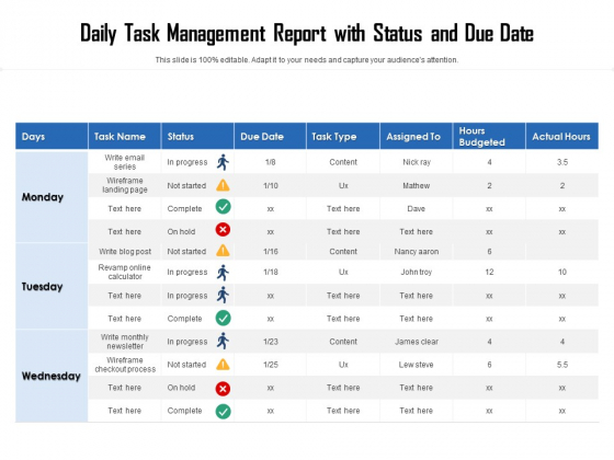 Daily Task Management Report With Status And Due Date Ppt PowerPoint Presentation Outline Elements PDF