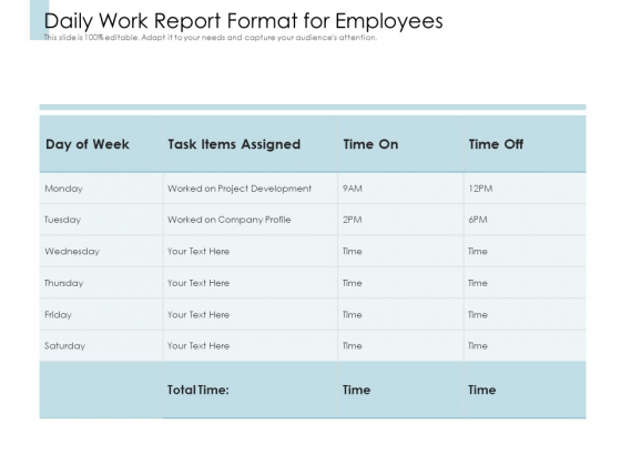 Daily Work Report Format For Employees Ppt PowerPoint Presentation Layouts Example PDF
