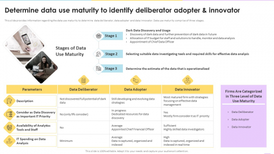 Data Valuation And Monetization Determine Data Use Maturity To Identify Deliberator Adopter And Innovator Mockup PDF