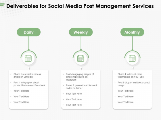 Deliverables For Social Media Post Management Services Ppt PowerPoint Presentation Portfolio Layouts PDF Deliverables For Social Media Post Management Services Ppt PowerPoint Presentation Portfolio Layouts PDF