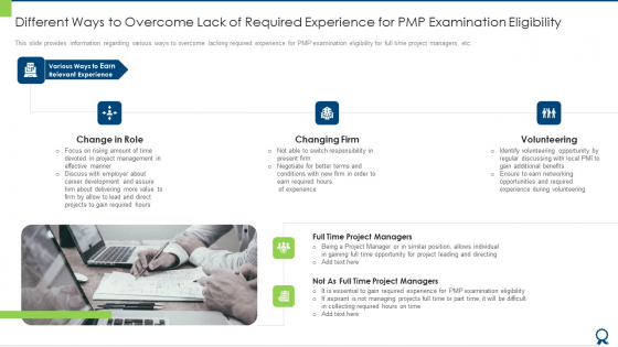 Different Ways To Overcome Lack Of Required Experience For PMP Examination Eligibility Elements PDF Different Ways To Overcome Lack Of Required Experience For PMP Examination Eligibility Elements PDF