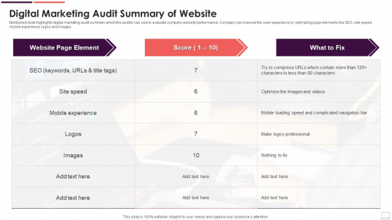 Digital Marketing Audit Summary Of Website Infographics PDF