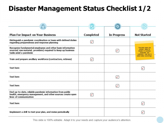 Disaster Management Status Checklist Communication Ppt PowerPoint Presentation Icon Example File