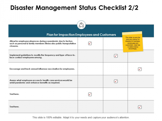 Disaster Management Status Checklist Management Marketing Ppt PowerPoint Presentation Infographics Brochure