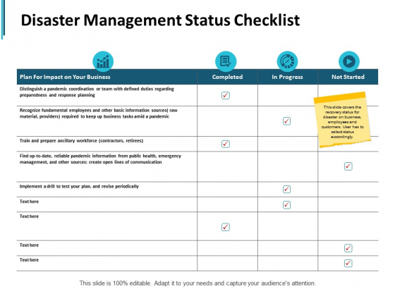 Disaster Management Status Checklist Ppt PowerPoint Presentation Backgrounds Disaster Management Status Checklist Ppt PowerPoint Presentation Backgrounds