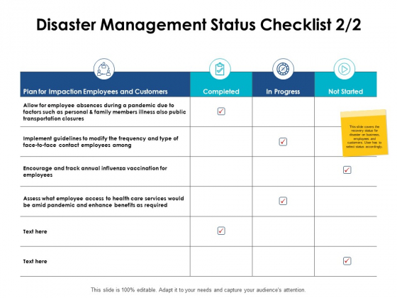 Disaster Management Status Checklist Progress Ppt PowerPoint Presentation Icon Structure