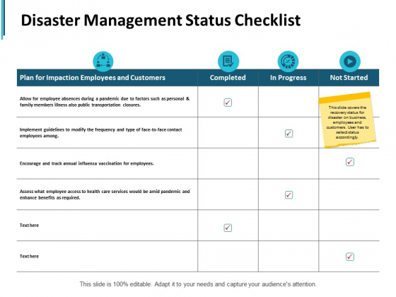 Disaster Management Status Checklist Slide Compare Ppt PowerPoint Presentation Slides File Formats