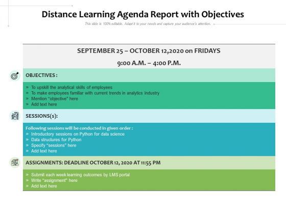 Distance Learning Agenda Report With Objectives Ppt PowerPoint Presentation Layouts Picture PDF Distance Learning Agenda Report With Objectives Ppt PowerPoint Presentation Layouts Picture PDF