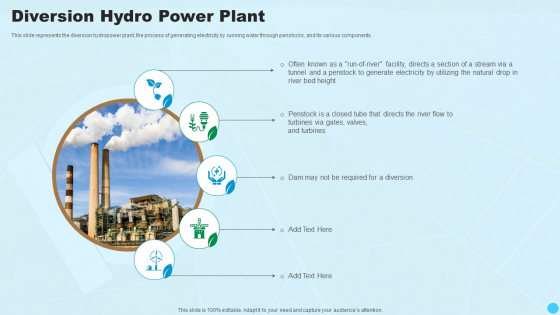 Diversion Hydro Power Plant Clean And Renewable Energy Ppt PowerPoint Presentation Infographics Master Slide PDF