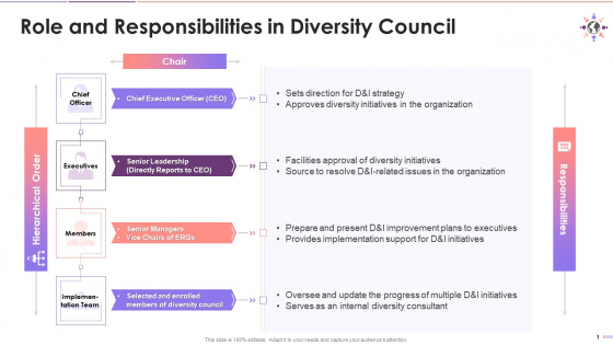 Diversity Council Hierarchy And Responsibilities Training Ppt
