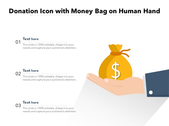 Donation Icon With Money Bag On Human Hand Ppt PowerPoint Presentation Ideas Picture PDF