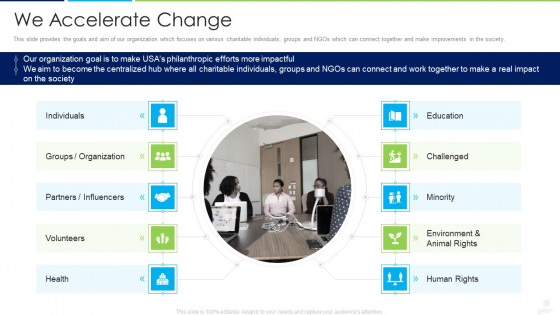 Donors Capital Financing We Accelerate Change Infographics PDF Donors Capital Financing We Accelerate Change Infographics PDF