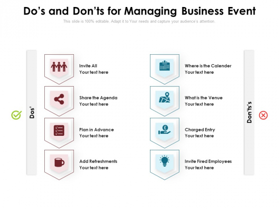 Dos And Donts For Managing Business Event Ppt PowerPoint Presentation Ideas File Formats PDF