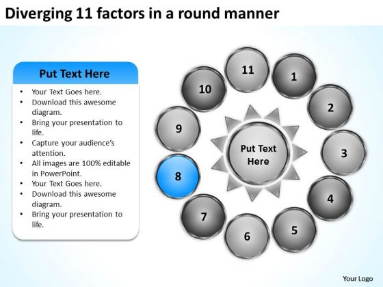 Diverging 11 Factors Round Manner Business Radial Process PowerPoint Slides