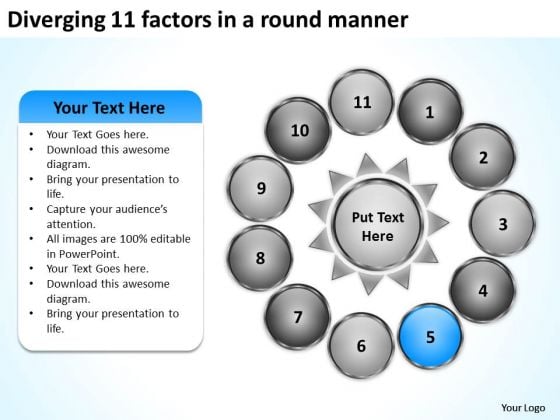 Diverging 11 Factors Round Manner Circular Motion Diagram PowerPoint Slides