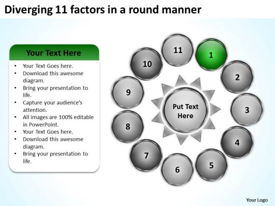Diverging 11 Factors Round Manner Radial Diagram PowerPoint Templates
