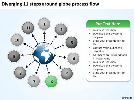 Diverging 11 Steps Around Globe Process Flow Circular Diagram PowerPoint Slides