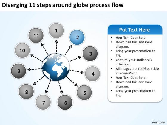 Diverging 11 Steps Around Globe Process Flow Circular Layout Chart PowerPoint Templates