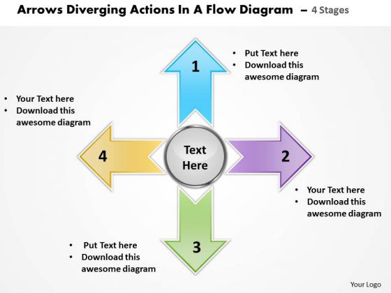 Diverging Actions Flow Diagram 4 Stages Circular Network PowerPoint Slides Diverging Actions Flow Diagram 4 Stages Circular Network PowerPoint Slides