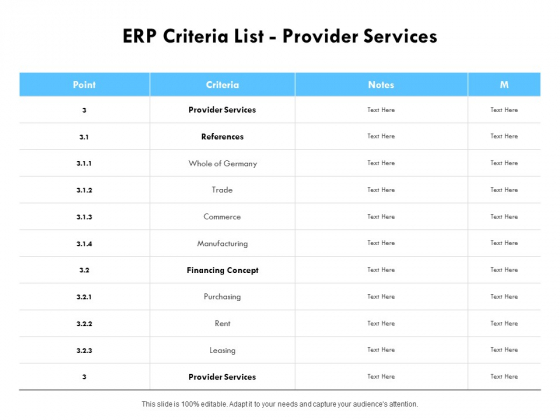 ERP Criteria List Provider Services Ppt PowerPoint Presentation Show Clipart Images