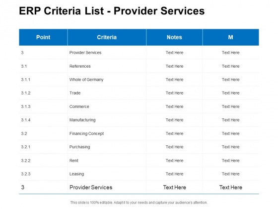 ERP Criteria List Provider Services Ppt PowerPoint Presentation Slides Themes