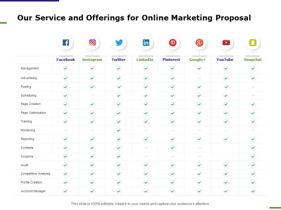E Marketing Our Service And Offerings For Online Marketing Proposal Ppt Portfolio Example PDF