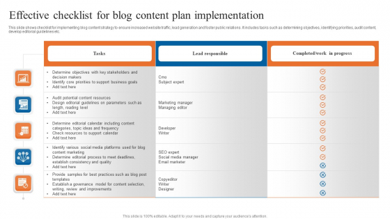 Effective Checklist For Blog Content Plan Implementation Microsoft PDF