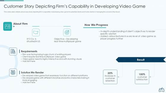 Electronic Game Pitch Deck Customer Story Depicting Firms Capability In Developing Video Game Guidelines PDF Electronic Game Pitch Deck Customer Story Depicting Firms Capability In Developing Video Game Guidelines PDF