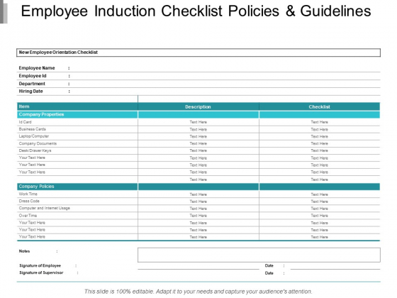 Employee Induction Checklist Policies And Guidelines Ppt PowerPoint Presentation Ideas Aids