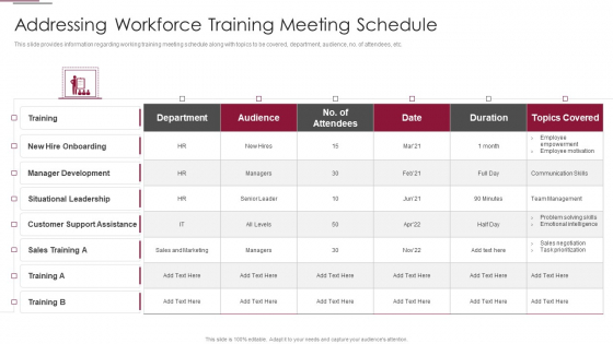 Employees Training Playbook Addressing Workforce Training Meeting Schedule Pictures PDF Employees Training Playbook Addressing Workforce Training Meeting Schedule Pictures PDF